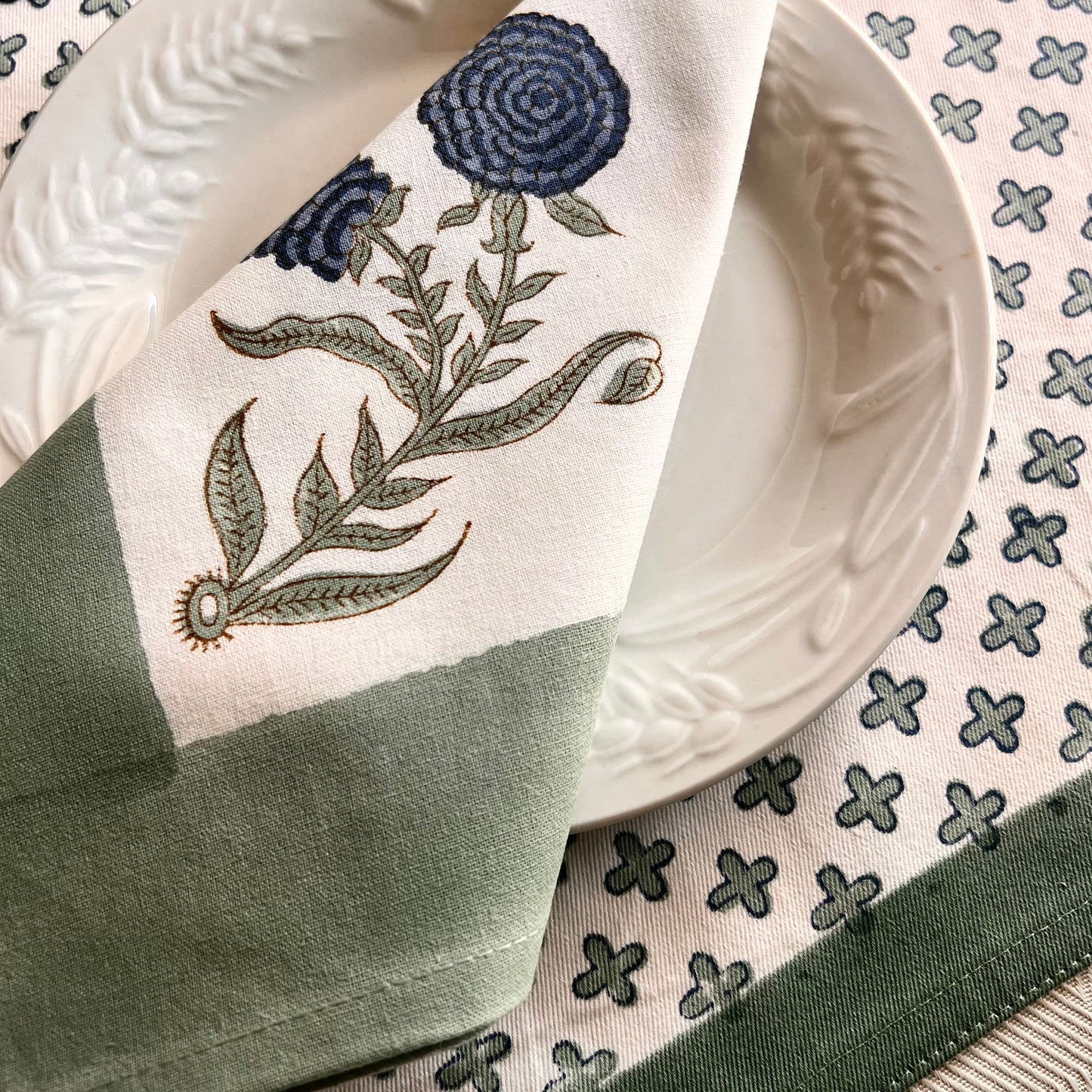 Teal Garden Block-Printed Placemats & Napkins Set