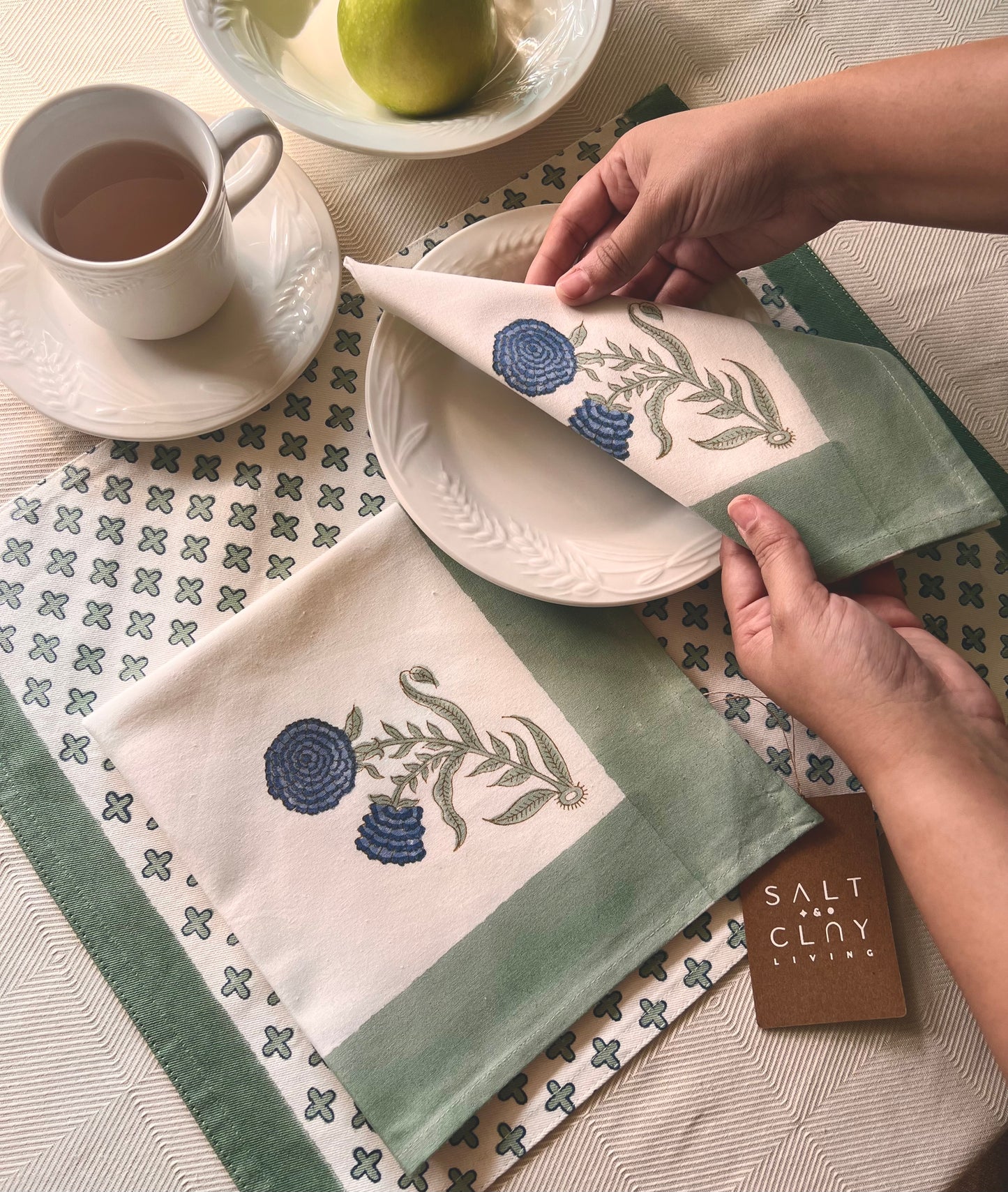 Teal Garden Block-Printed Placemats & Napkins Set