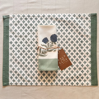Teal Garden Block-Printed Placemats & Napkins Set